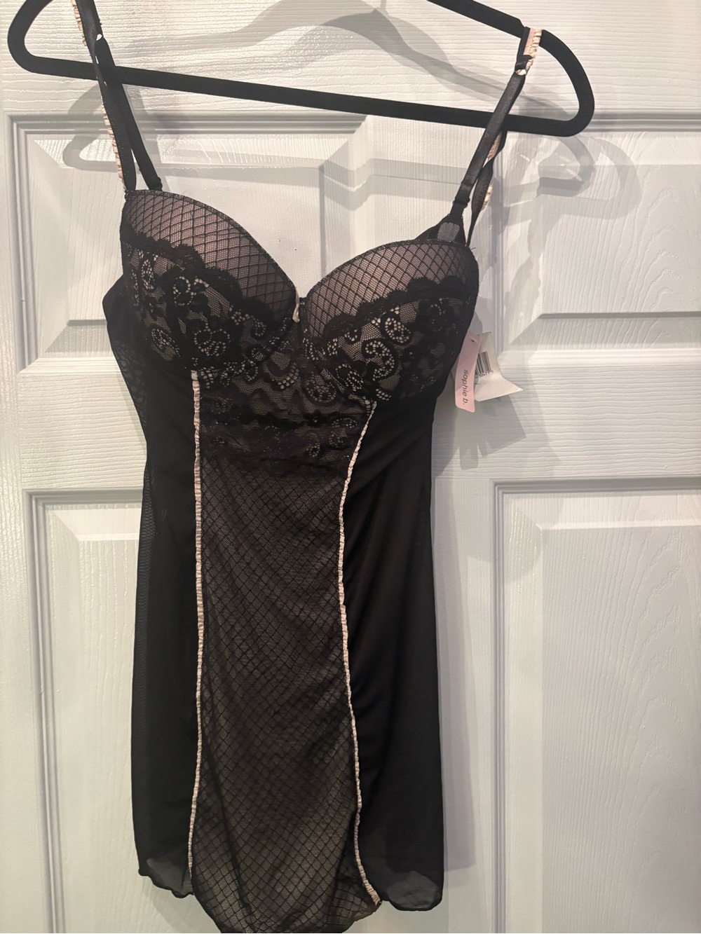 sophie b. Black Lace-Trim Chemise with Pink Piping